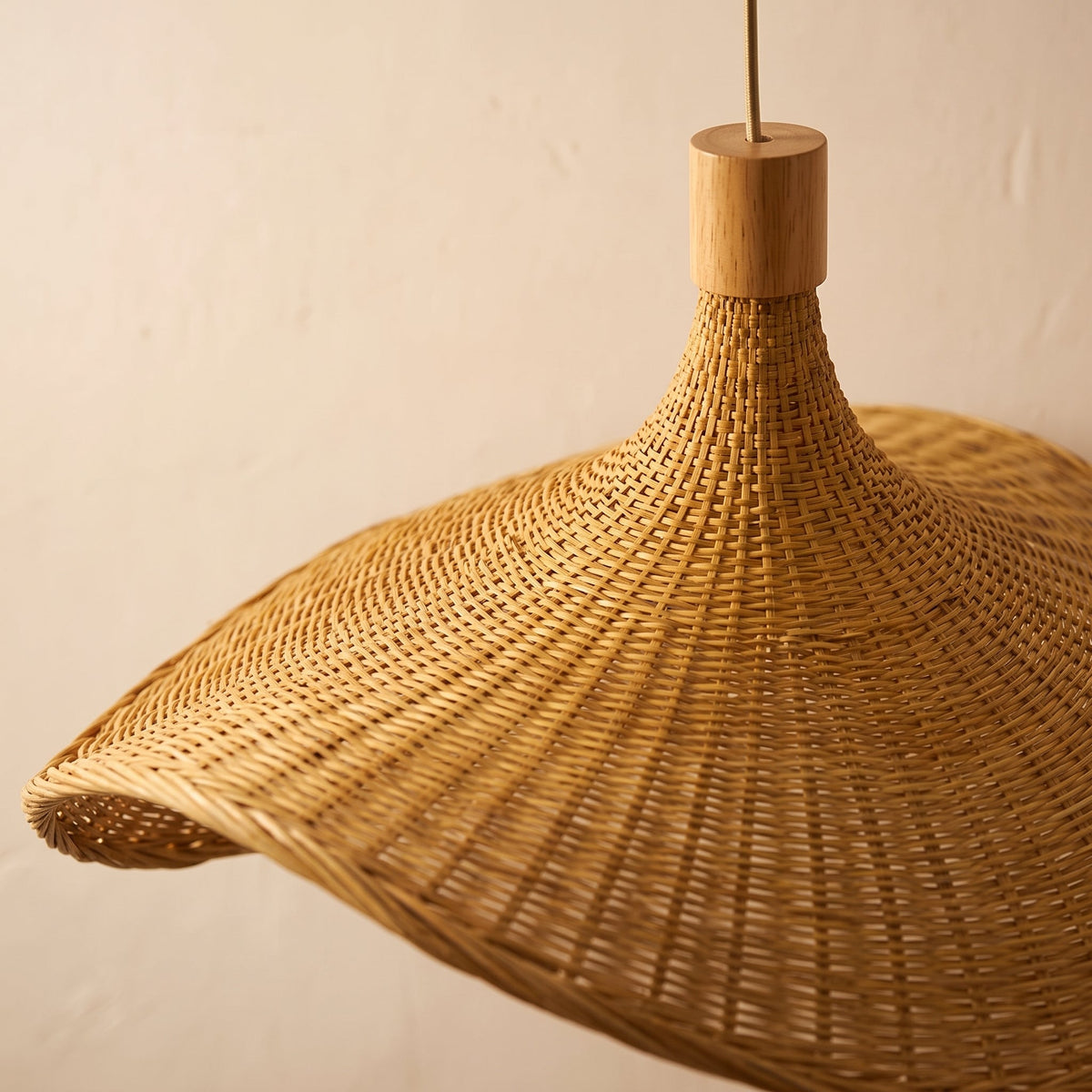 Asymmetric woven bamboo hat pendant light – close-up detail