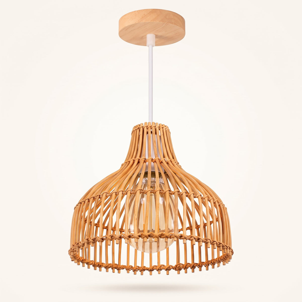 Small bamboo bell pendant light with wood canopy