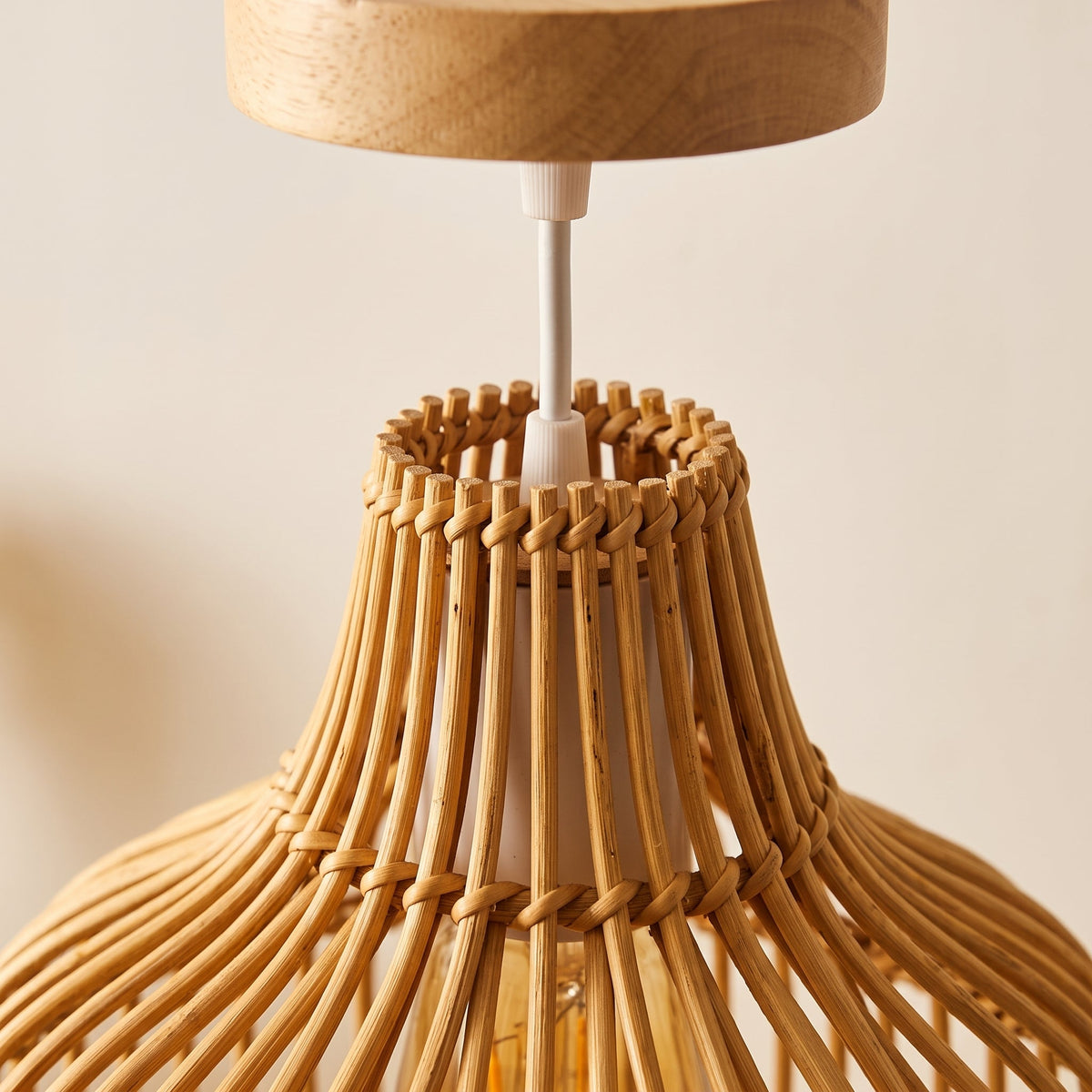 Small bamboo bell pendant light with wood canopy – close-up detail