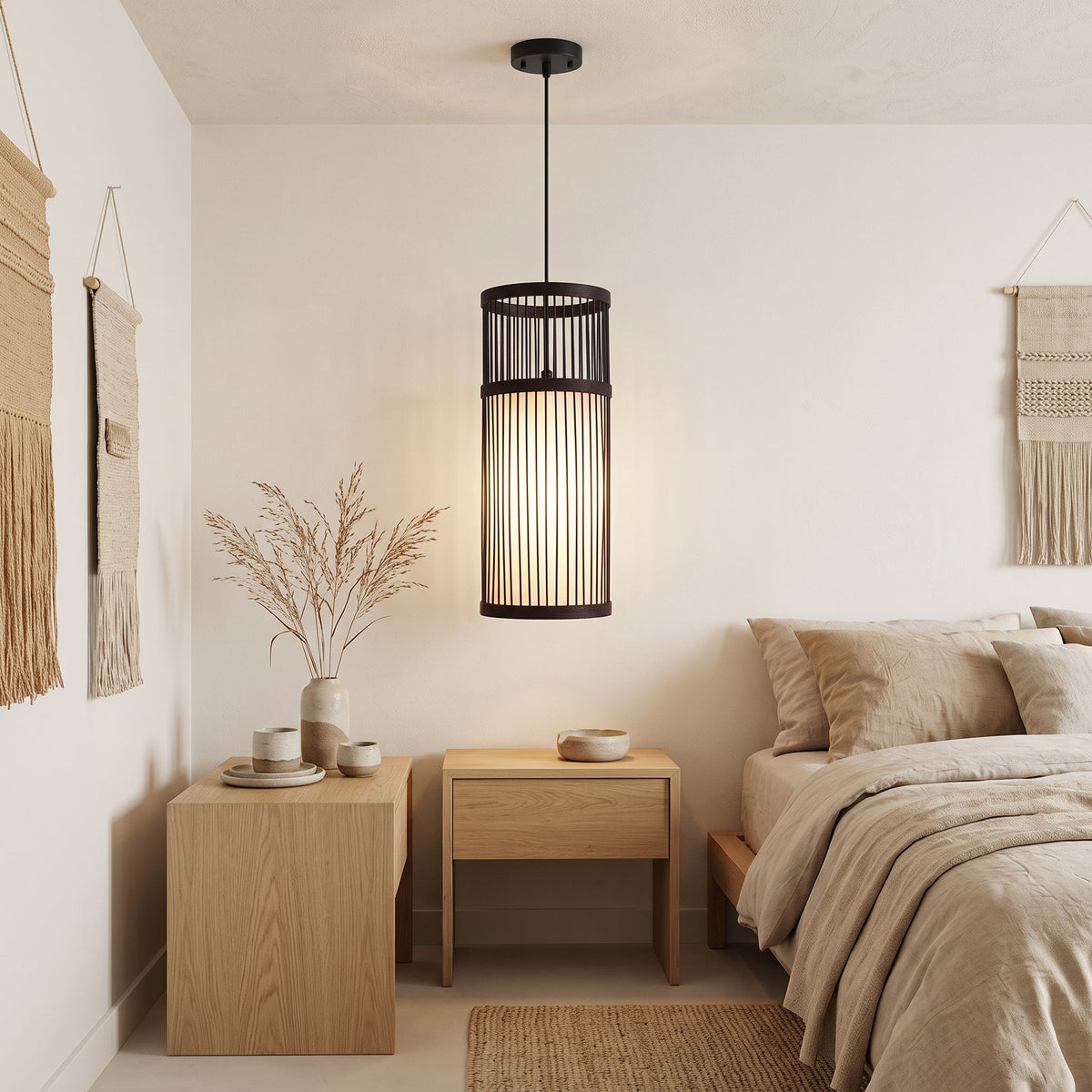 Black bamboo cylinder pendant light – shown in a room setting
