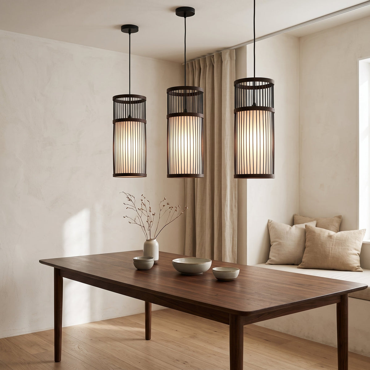 Black bamboo cylinder pendant light – shown in a room setting (2)