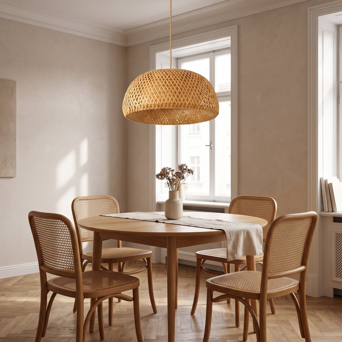 Woven bamboo dome pendant light – shown in a room setting (2)