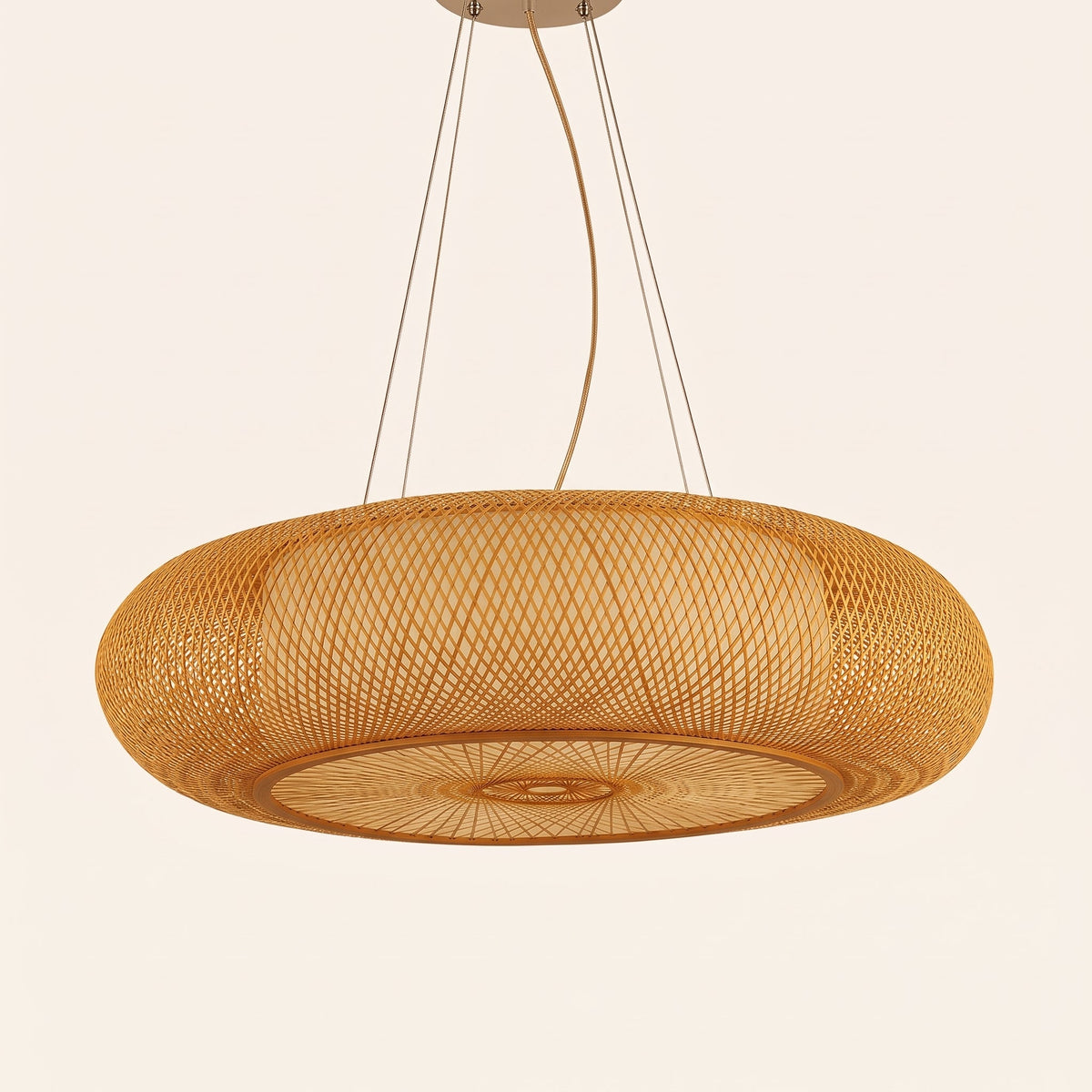 Wide flat woven bamboo lantern pendant light