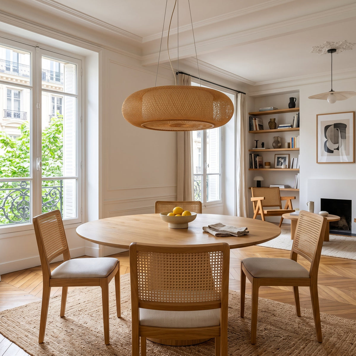 Wide flat woven bamboo lantern pendant light – shown in a room setting (3)