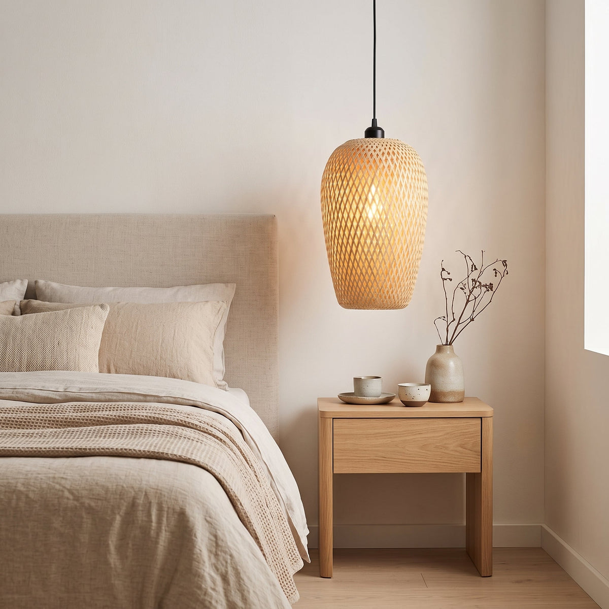 Oval woven bamboo bedside pendant light – shown in a room setting (3)