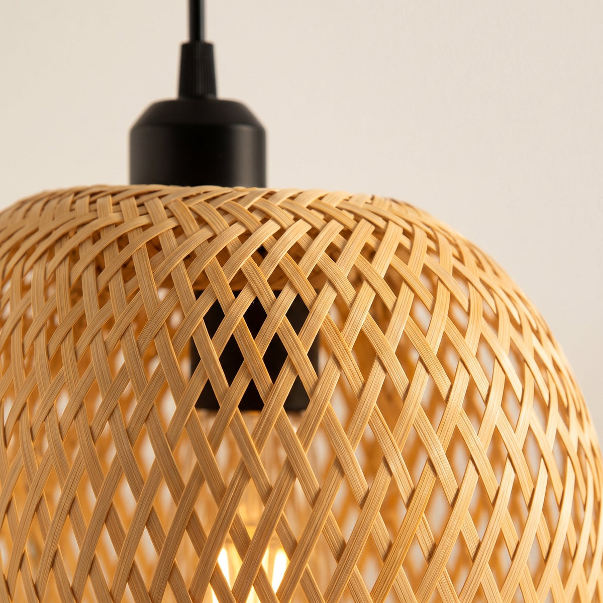 Oval woven bamboo bedside pendant light – close-up detail