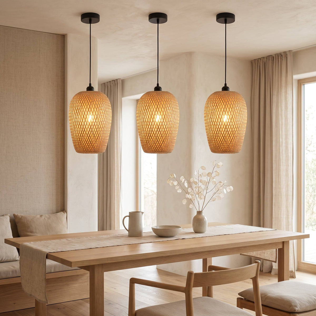 Oval woven bamboo bedside pendant light – shown in a room setting (4)