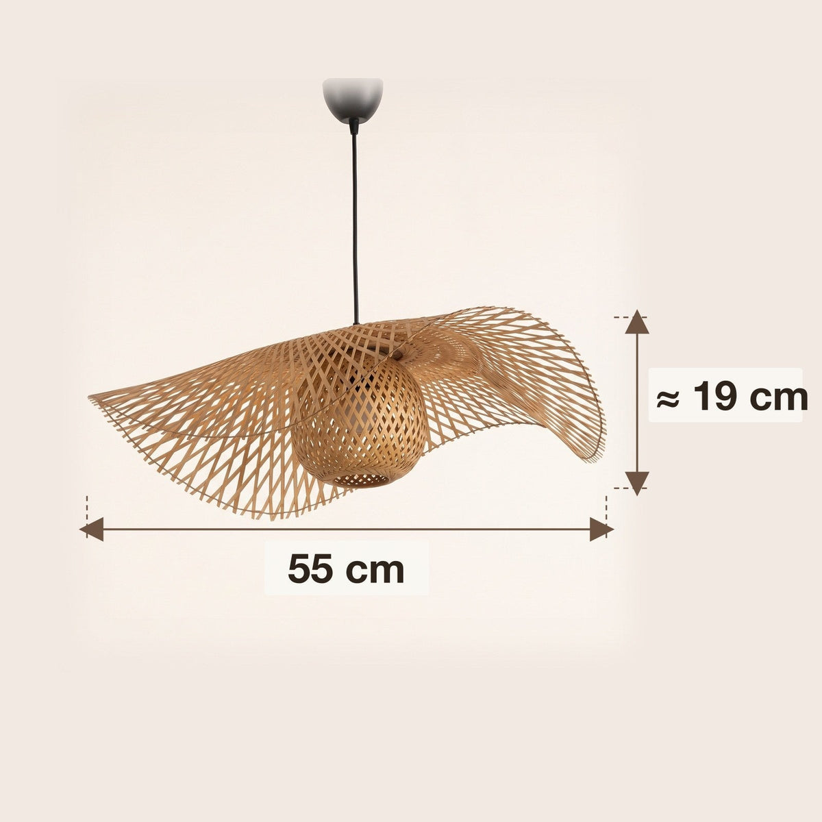 Wavy woven bamboo hat pendant light – dimensions diagram