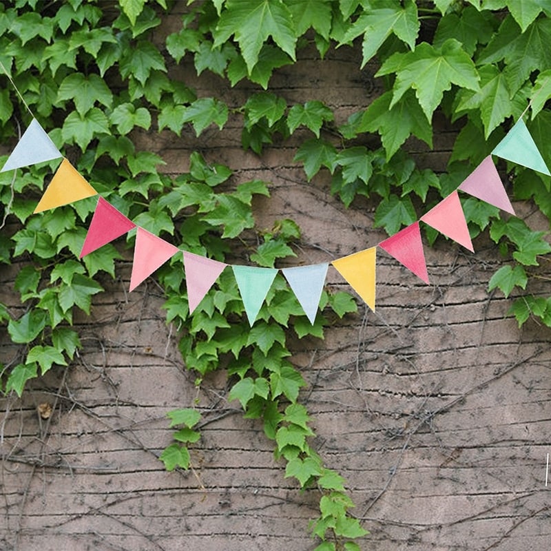 Colorful jute banner with a raw woven texture – shown outdoors