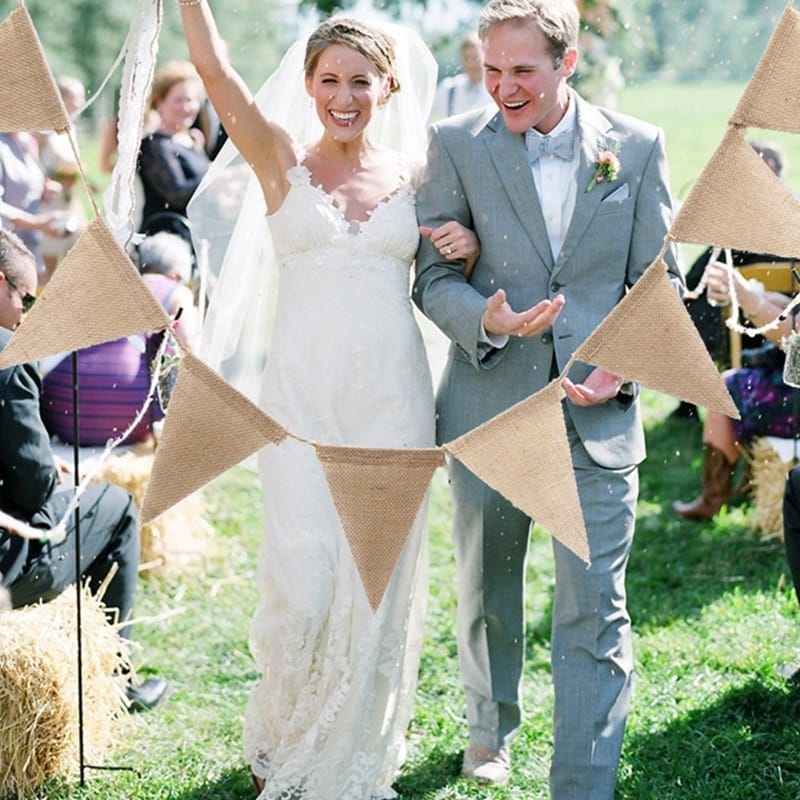 Vintage natural jute burlap banner – shown outdoors