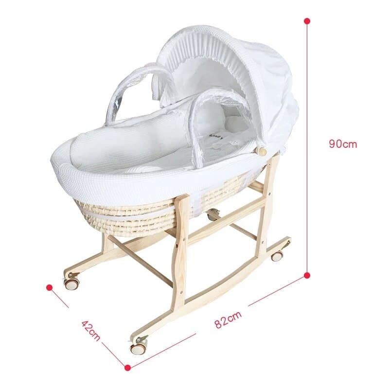 Hand-braided rattan bassinet on wheels – dimensions diagram