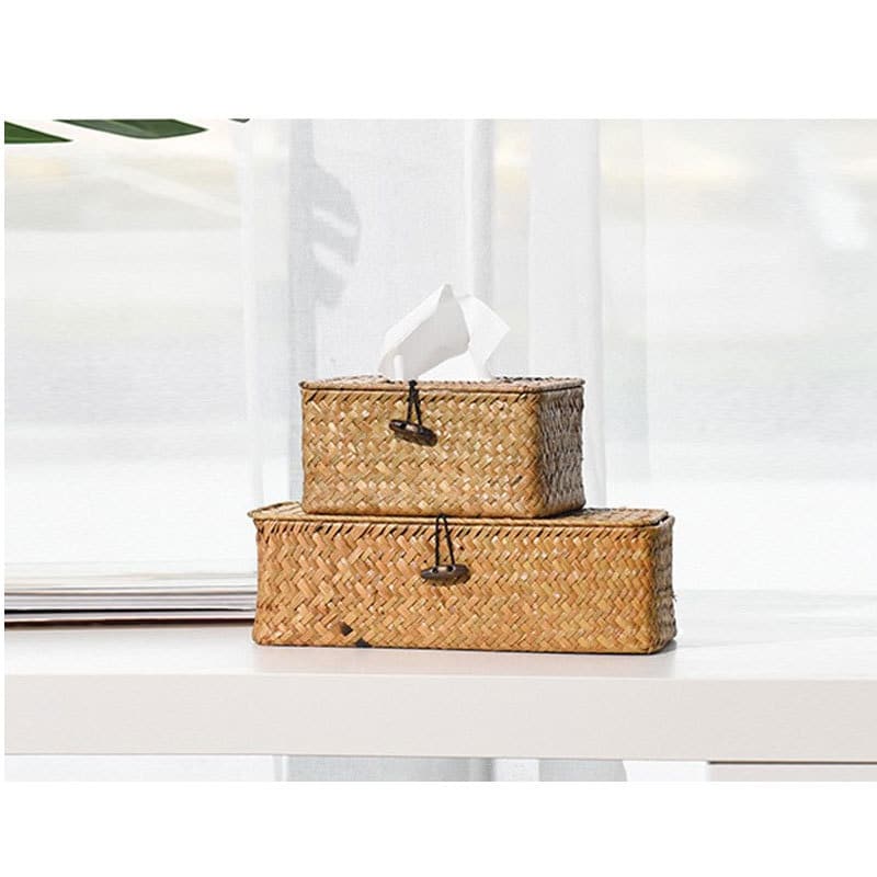 Natural woven rattan tissue box cover with a removable tray lid – shown in a room setting (2)