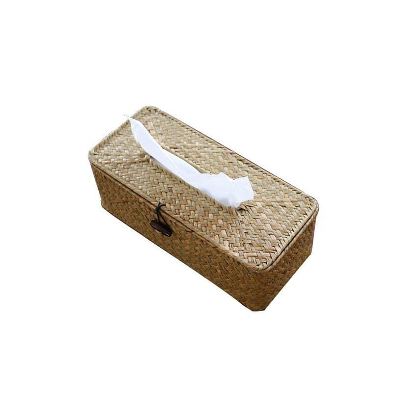 Natural woven rattan tissue box cover with a removable tray lid