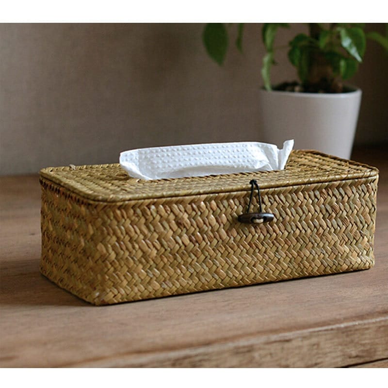 Natural woven rattan tissue box cover with a removable tray lid – shown in a room setting