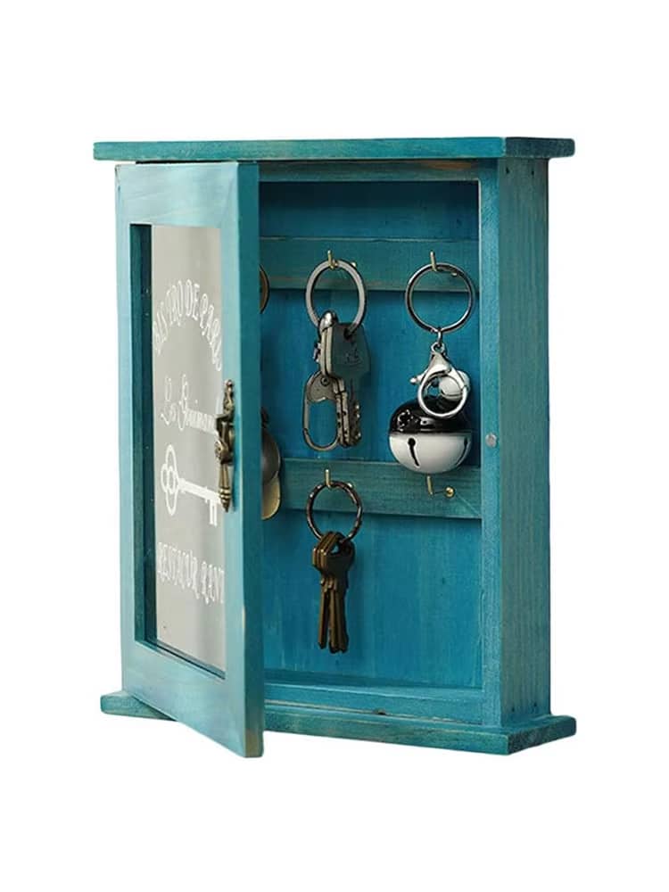 Retro wooden key box with a curved top and small hooks – another view