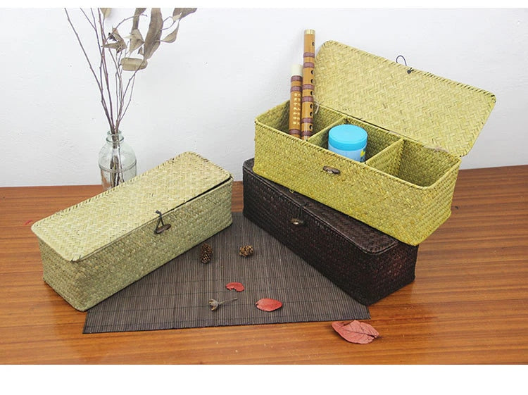 Three-compartment rattan and wicker storage box with a lid – green version, shown in a room setting