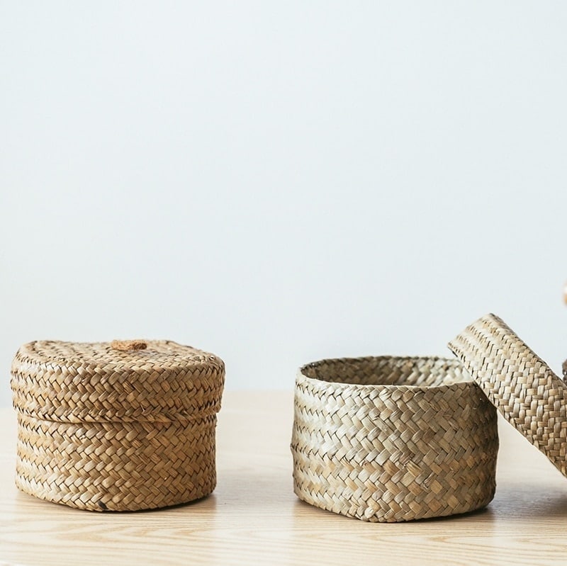 Stackable woven rattan storage box with a fitted lid – multiple views