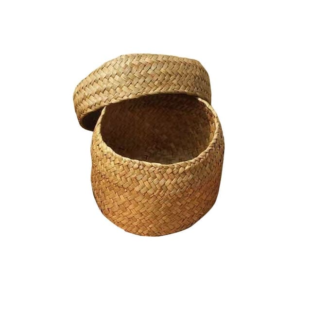 Stackable woven rattan storage box with a fitted lid – yellow variant