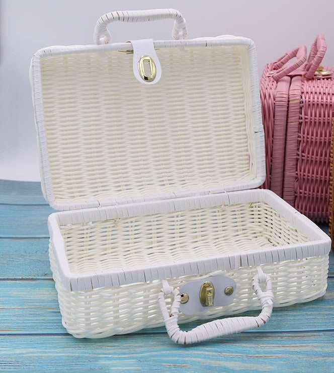 Handwoven rattan makeup organizer with integrated handles – white variant, another view