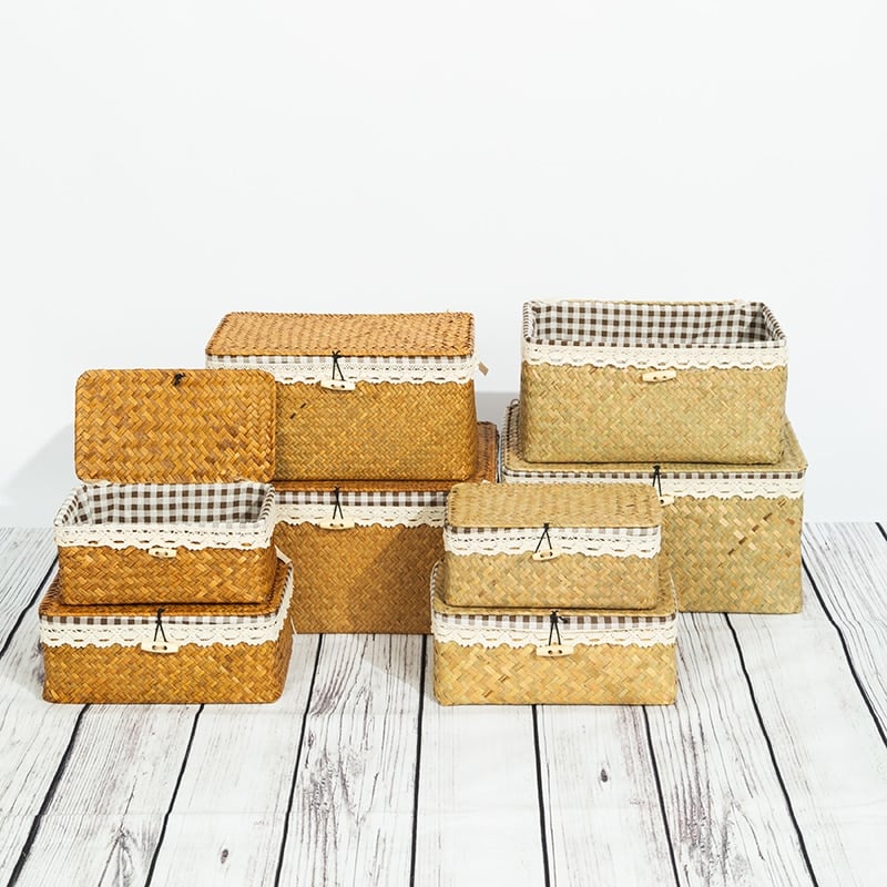 Woven natural rattan trunk-style storage box with a lid – multiple views (3)