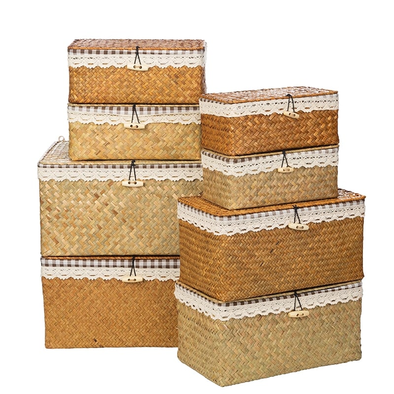 Woven natural rattan trunk-style storage box with a lid – multiple views (4)