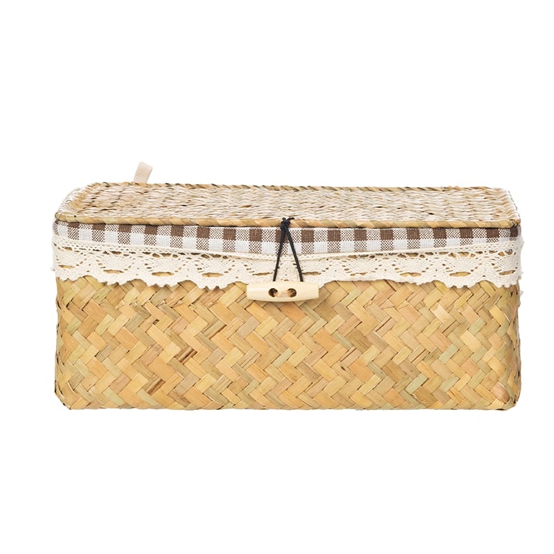 Woven natural rattan trunk-style storage box with a lid