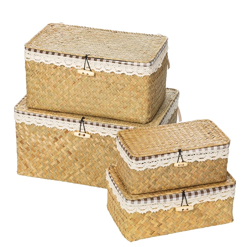 Woven natural rattan trunk-style storage box with a lid – multiple views