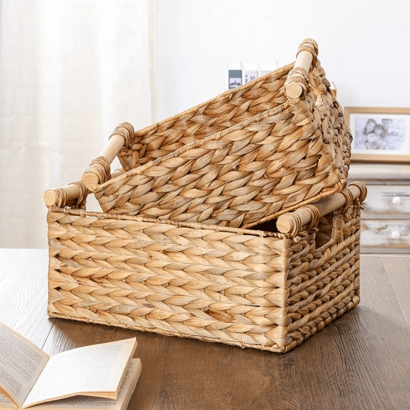 Woven rattan storage box with two sturdy handles – multiple views