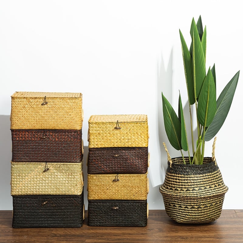 Rectangular rattan storage box with an attached handle – shown in a room setting (2)