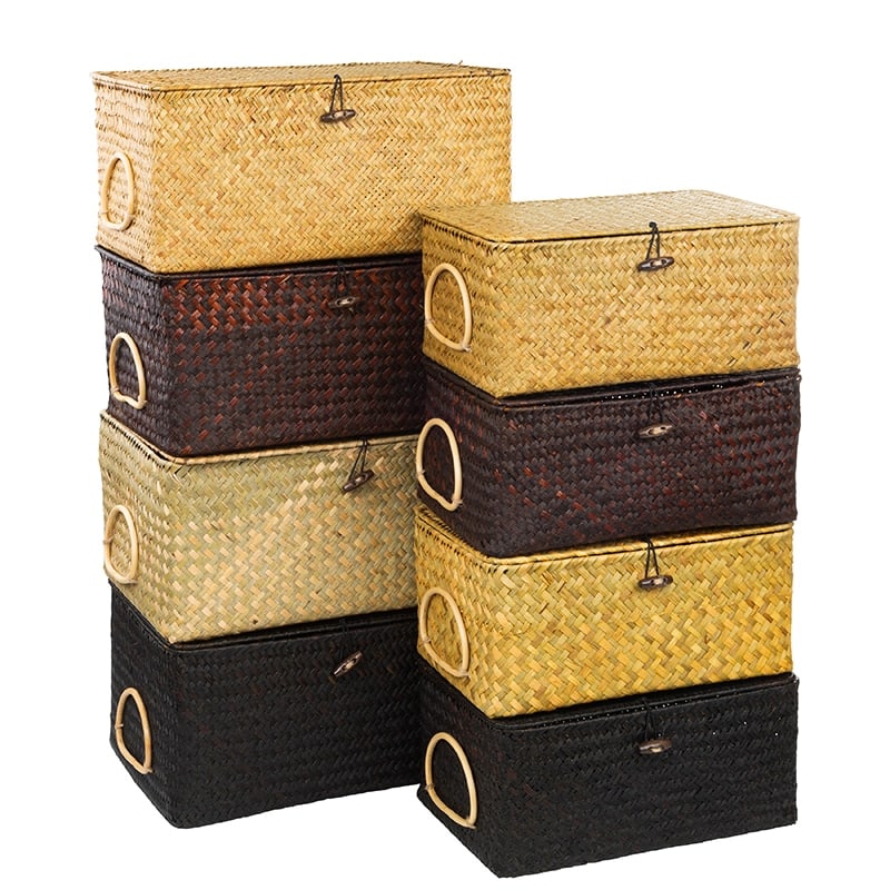 Rectangular rattan storage box with an attached handle – multiple views