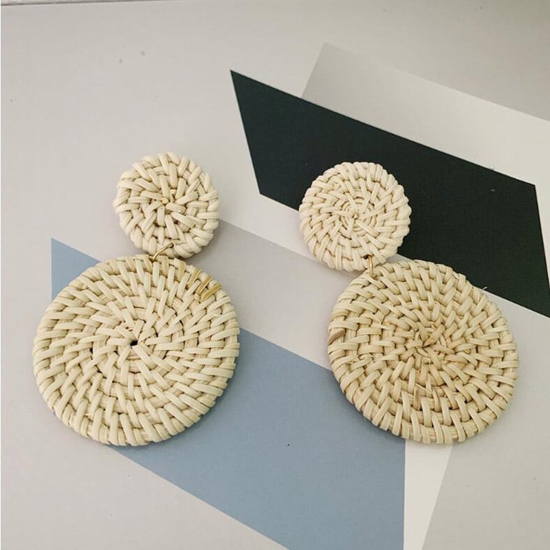 Round hand-braided rattan earrings – multiple views