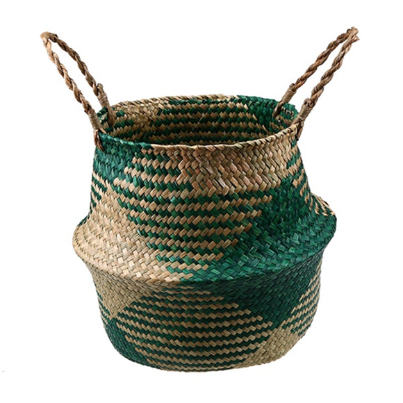 Foldable wicker and rattan planter basket with a rectangular motif – green variant, another view