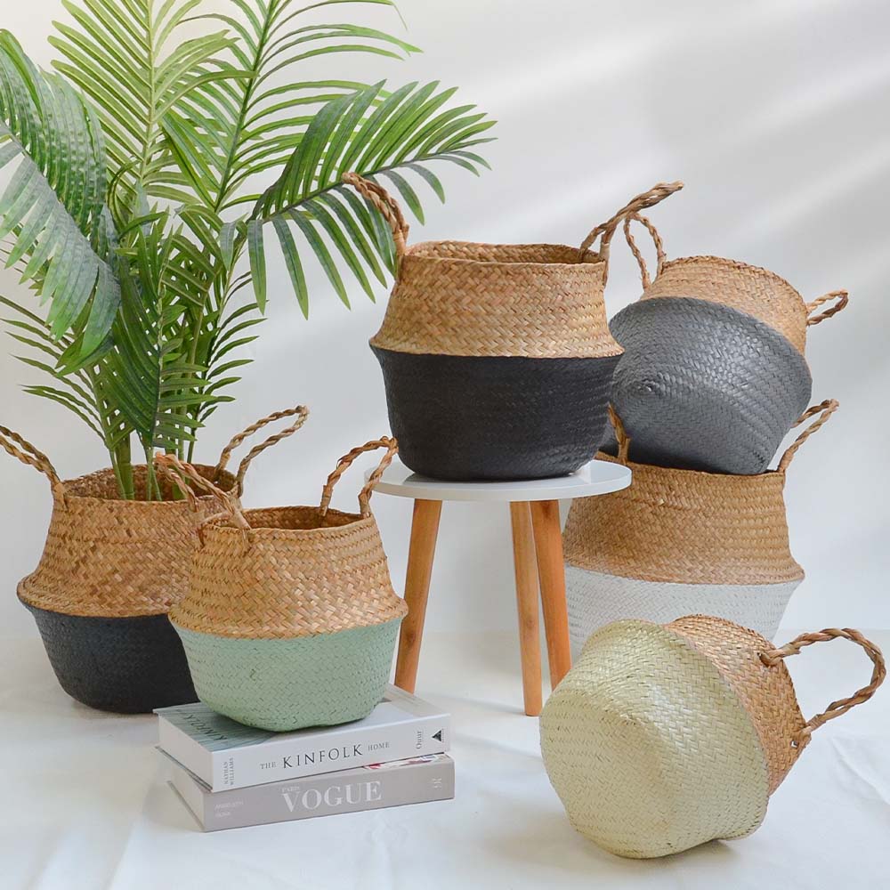Two-tone rattan and wicker planter in blue and brown – shown in a room setting