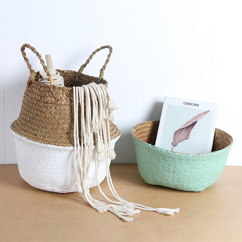 Two-tone rattan and wicker planter in blue and brown – shown in a room setting (2)