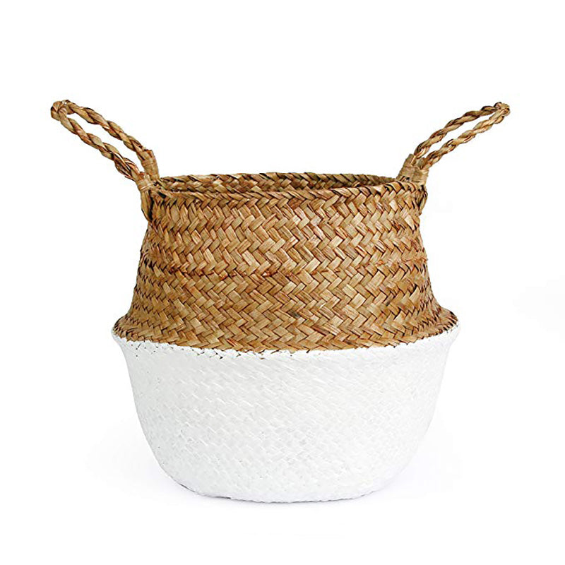 Handmade boho rattan planter with a tight weave – white variant, another view