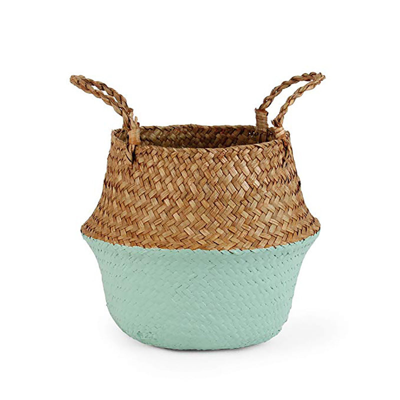 Handmade boho rattan planter with a tight weave – green variant, another view