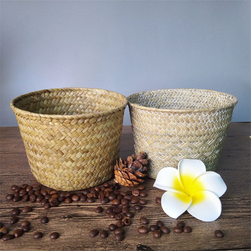 Handmade round rattan planter in white – multiple views
