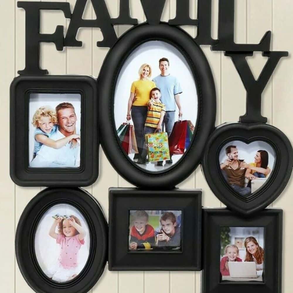 Wooden six-photo family collage frame – black version