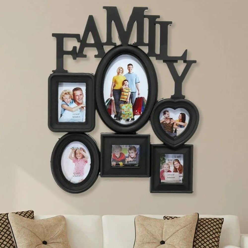 Wooden six-photo family collage frame – black version, shown in a room setting