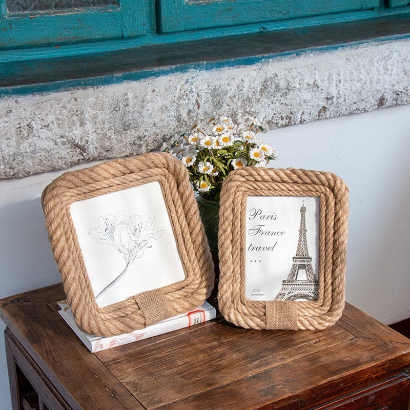 Square hemp and hand-braided rattan photo frame – shown in a room setting (2)