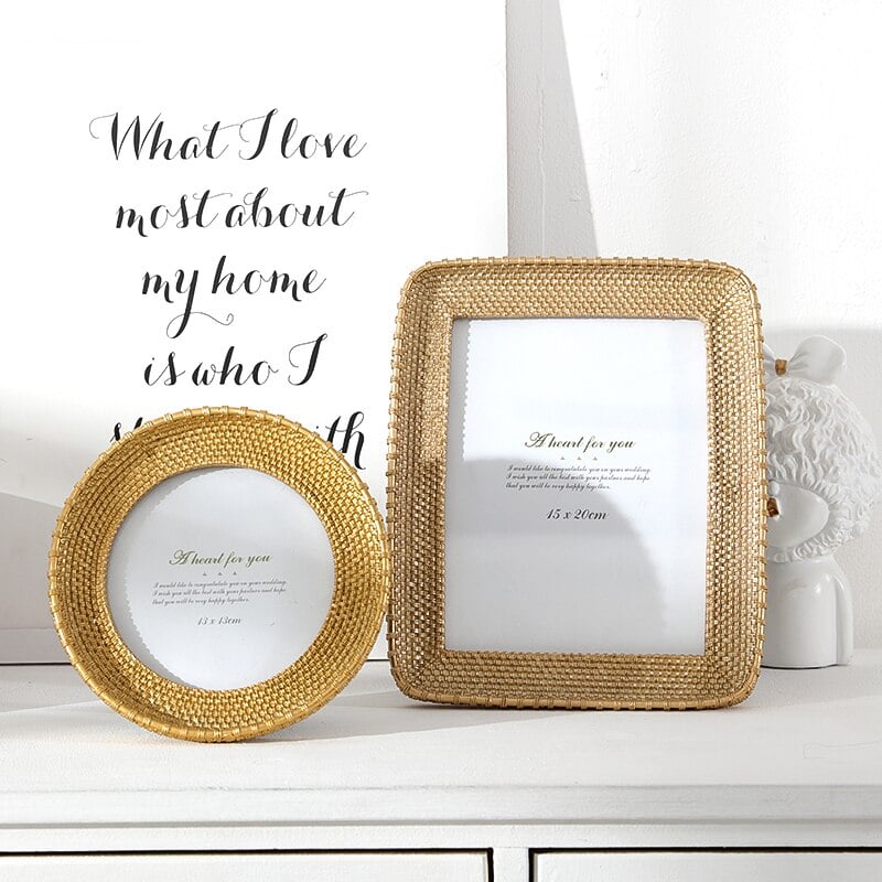 Large vintage rectangular resin and rattan photo frame – multiple views