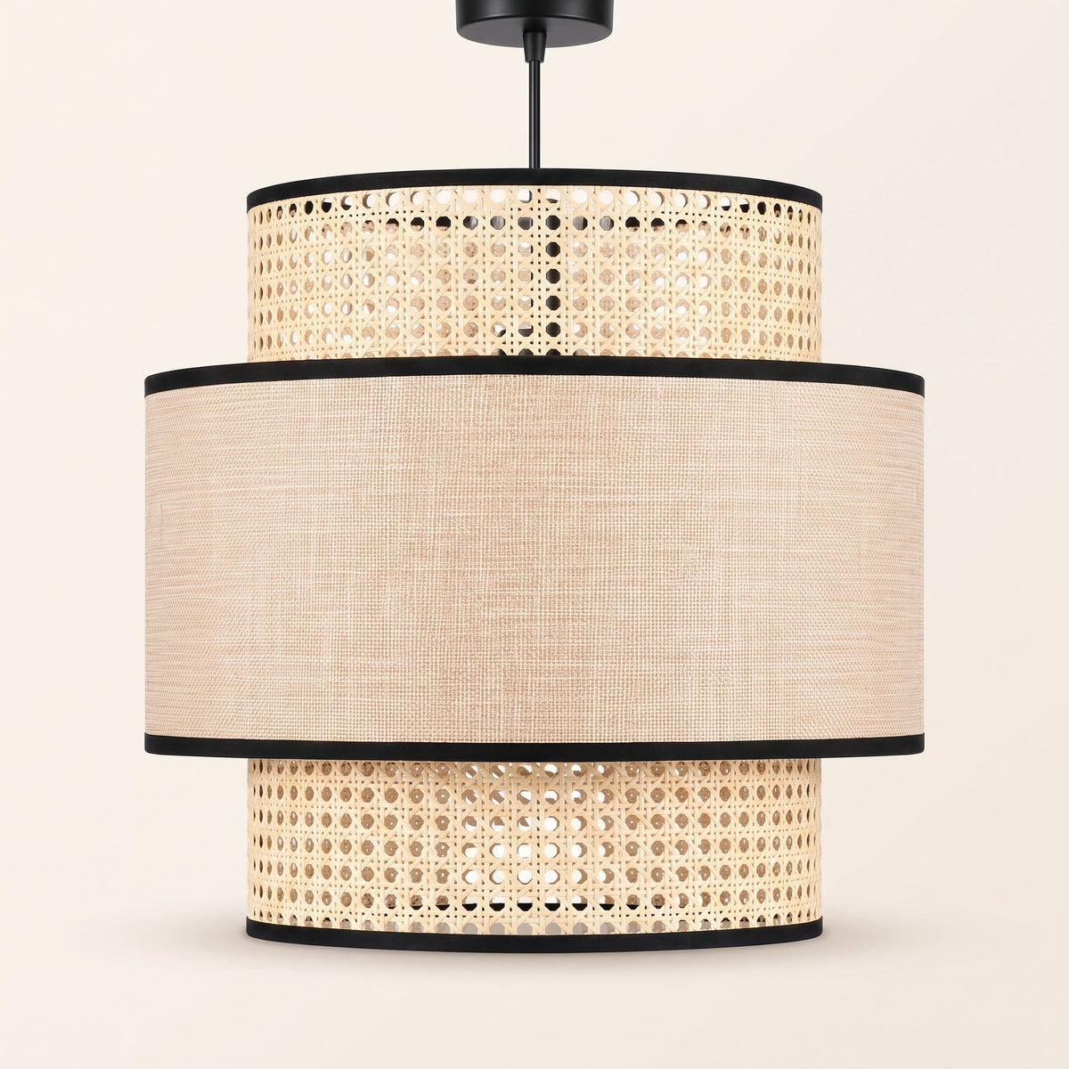 Tiered cane and fabric Japandi pendant light
