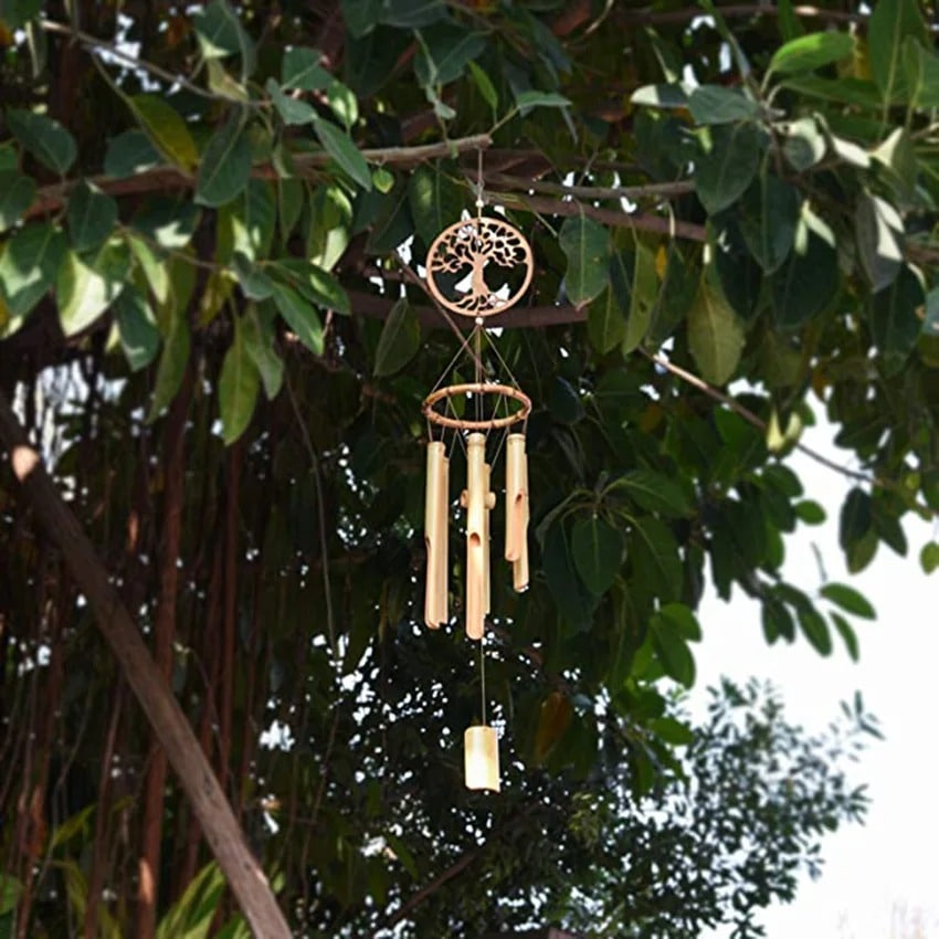 Tree of life bamboo wind chime – shown outdoors