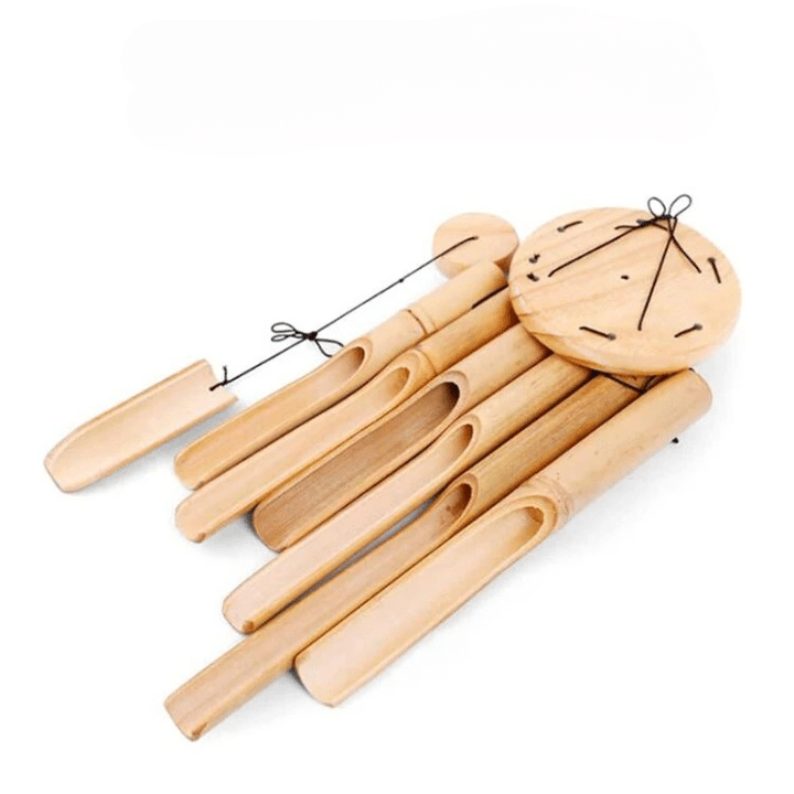 Six-tube bamboo wind chime on a natural hanger – multiple views
