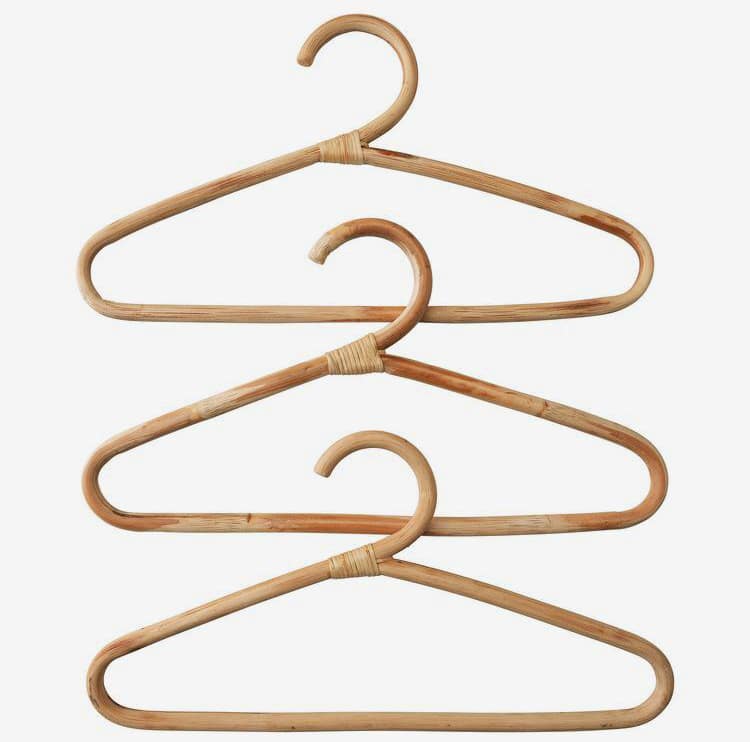 Hand-braided rattan clothes hanger with curved shoulders – multiple views
