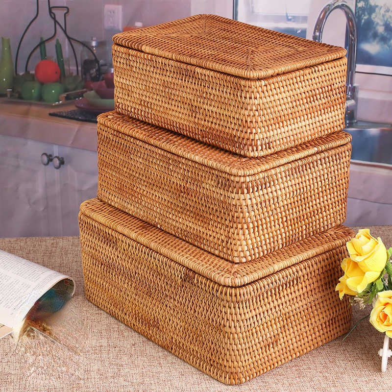 Hand-braided rattan toy chest with a lid – multiple views