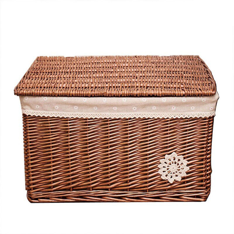 Lined rattan toy basket with lace trim