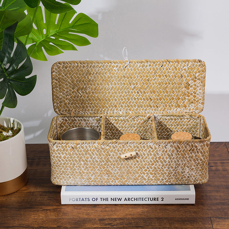 Natural-color woven toy box with compartments
