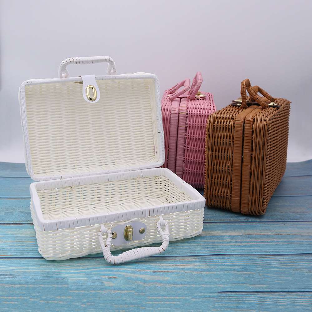 White retro suitcase-style rattan toy box – multiple views