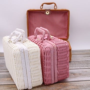 Pink retro suitcase-style rattan toy box – multiple views (3)